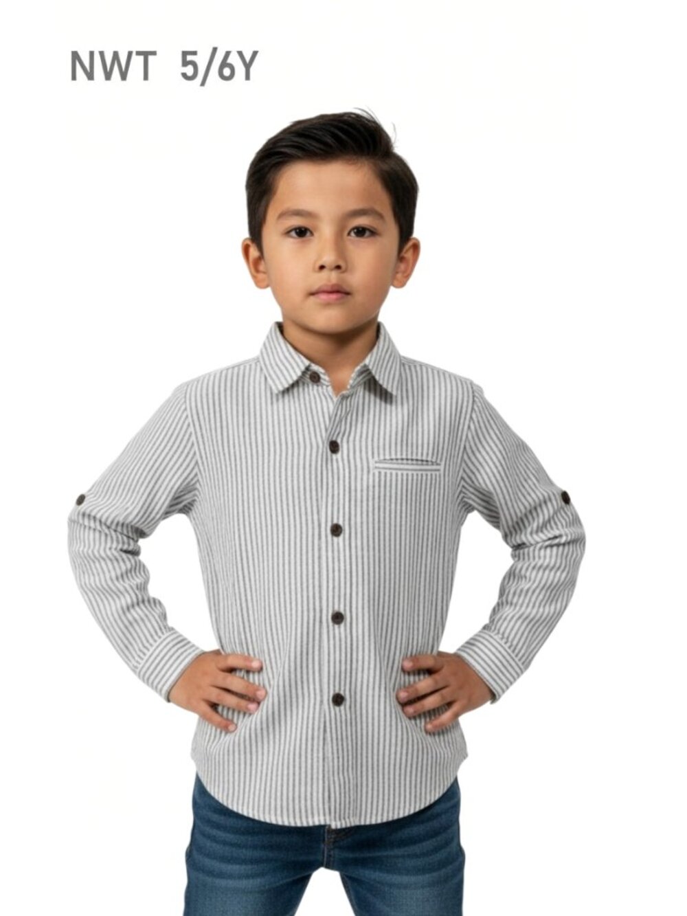 NWT - Me & Henry Light Blue Stripe Woven L/S Button Down Shirt Size 5/6Y